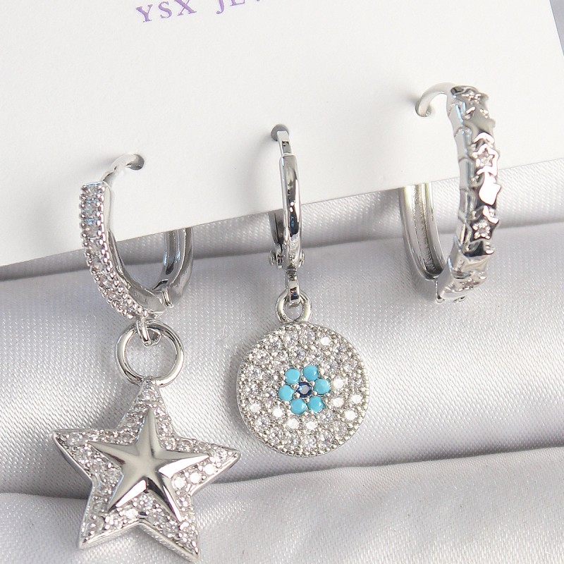 Pirinç Gold Renk Zirkon Taşlı Yıldız Model Nazar Boncuk Detay 3'Lü Kadın Kombin Küpe