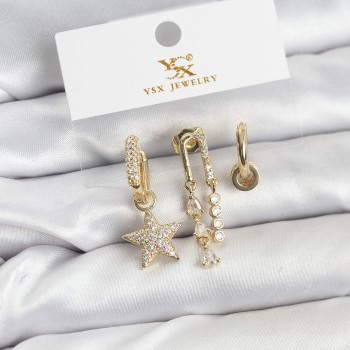 Pirinç Gold Renk Zirkon Taşlı Yıldız Vintage Model YSX Trio Küpe Seti