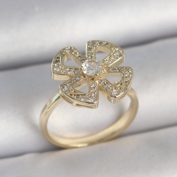 Pirinç Gold Renk Zirkon Taşlı Yonca Model Ayarlanabilir Kadın Yüzük