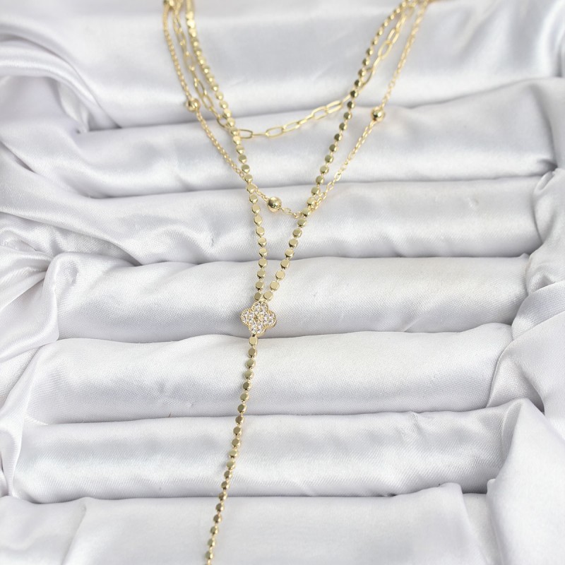 Pirinç Gold Renk Zirkon Taşlı Yonca Model Detaylı 3'lü Kombin Y Kadın Kolye