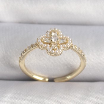 Pirinç Gold Renk Zirkon Taşlı Yonca Model İnci Detay Kadın Yüzük