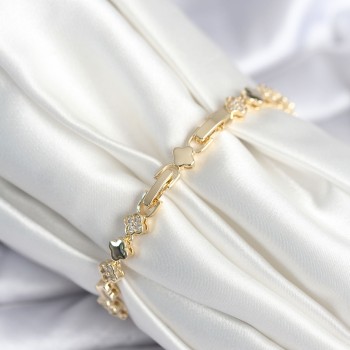 Pirinç Gold Renk Zirkon Taşlı Yonca Model Kadın Bileklik