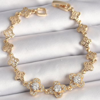 Pirinç Gold Renk Zirkon Taşlı Yonca Model Kadın Bileklik