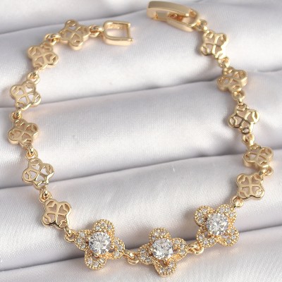 Pirinç Gold Renk Zirkon Taşlı Yonca Model Kadın Bileklik