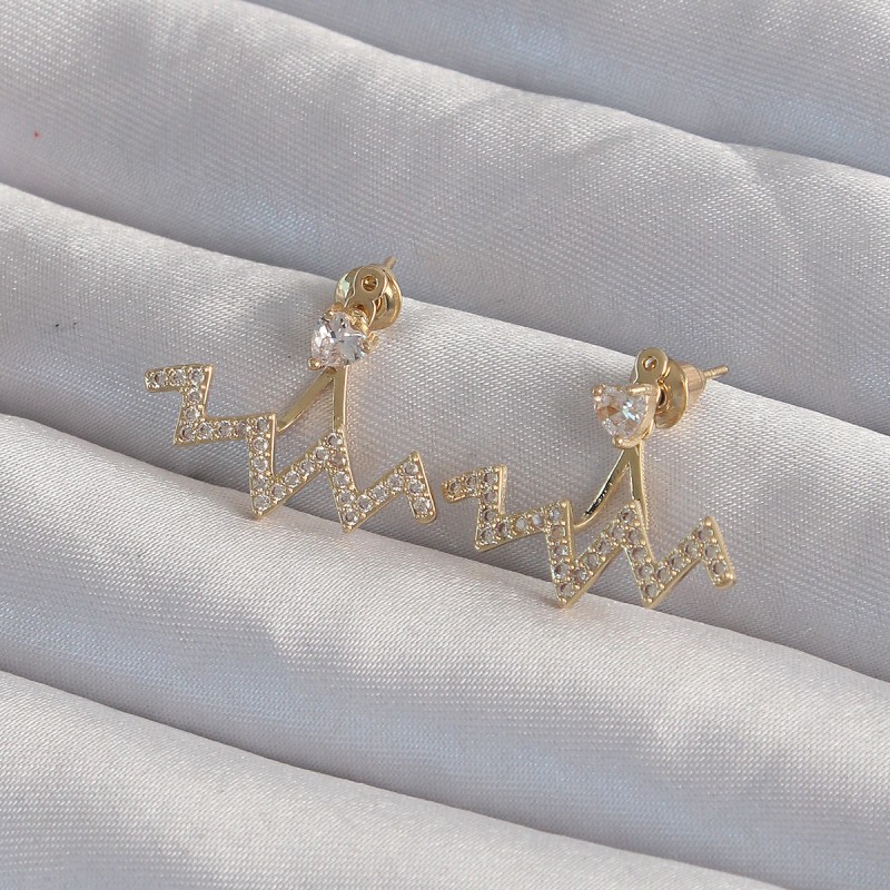 Pirinç Gold Renk Zirkon Taşlı Zikzak Küpe