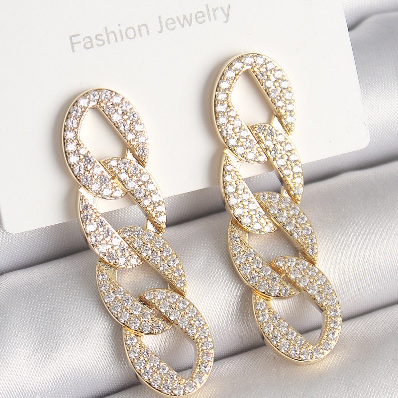 Pirinç Gold Renk Zirkon Taşlı Zincir Model Kadın Küpe