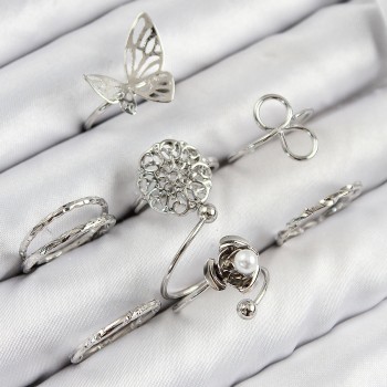 Pirinç Gül Kelebek Model Gümüş Renk Kadın Yüzük Kombin Set