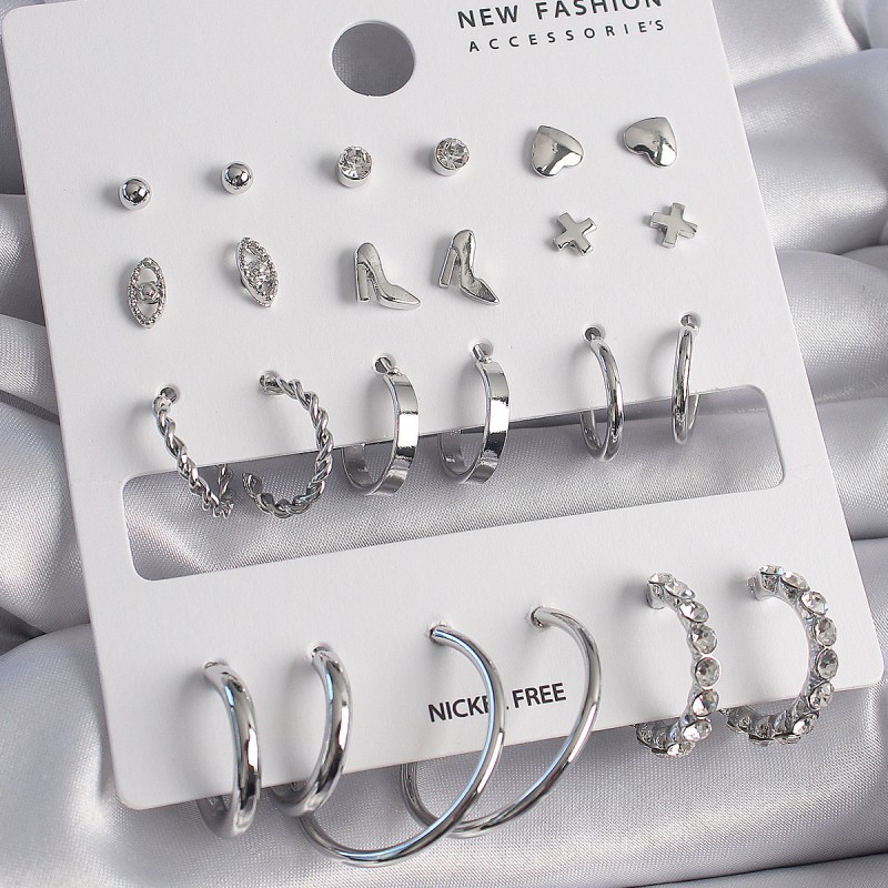 Pirinç Gümüş Renk 12 Çift Kadın Küpe Seti