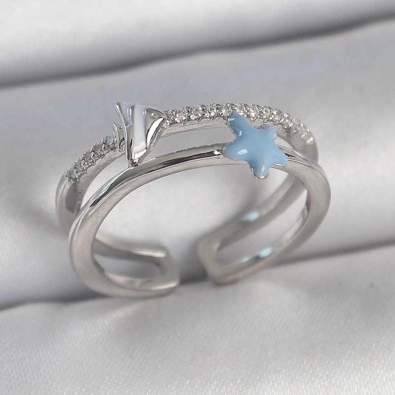 Pirinç Gümüş Renk 2'Li Zirkon Taşlı Mavi Yıldız Figür Ayarlanabilir Kadın Yüzük