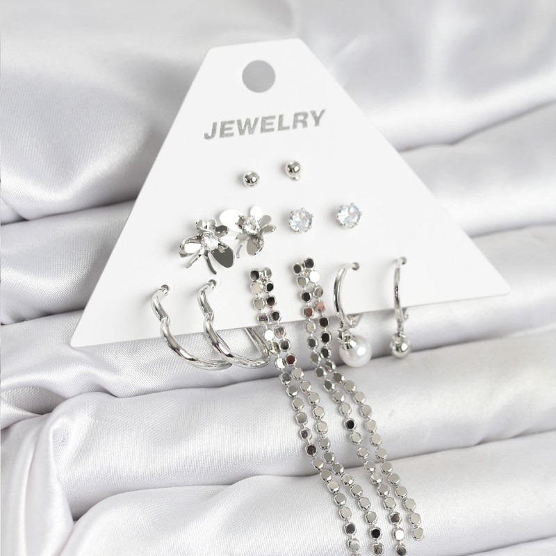 Pirinç Gümüş Renk 6 Çift Kadın Küpe