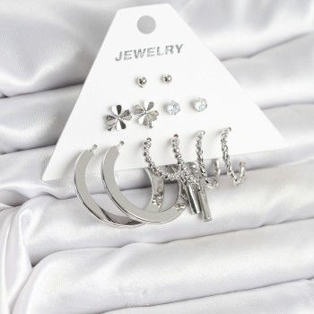 Pirinç Gümüş Renk 6 Çift Kadın Küpe Seti