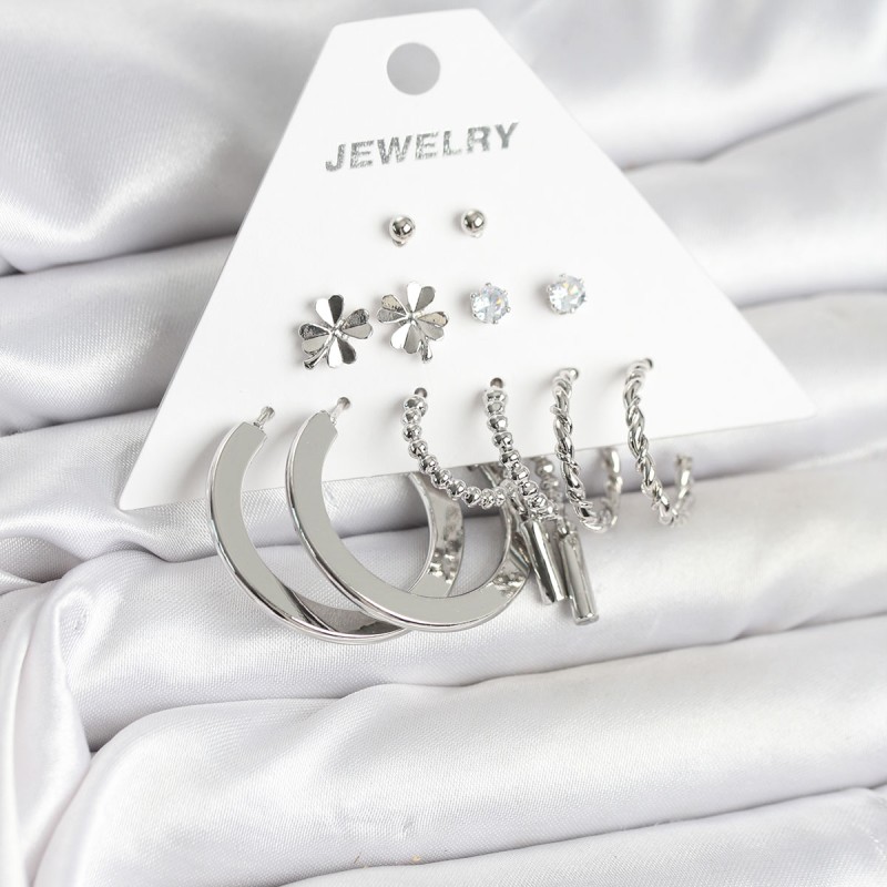 Pirinç Gümüş Renk 6 Çift Kadın Küpe Seti