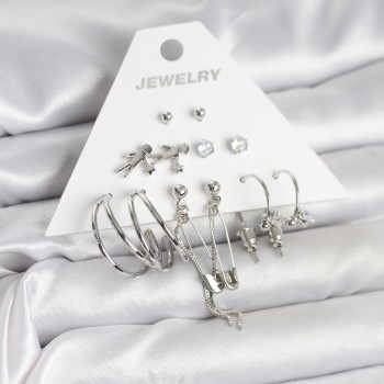 Pirinç Gümüş Renk 6'lı Kadın Küpe Seti