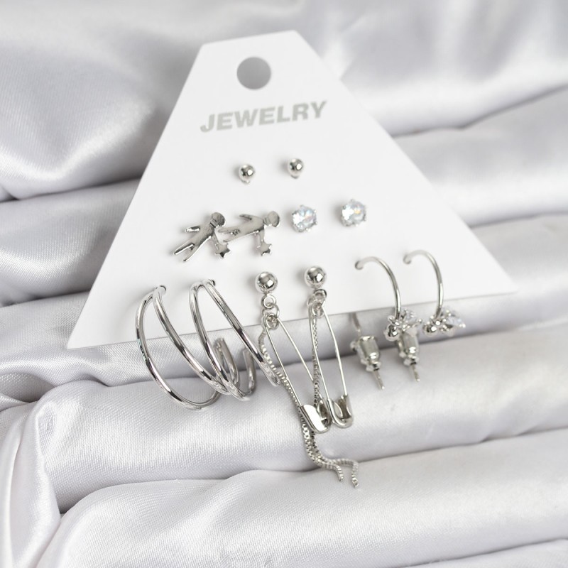 Pirinç Gümüş Renk 6'lı Kadın Küpe Seti