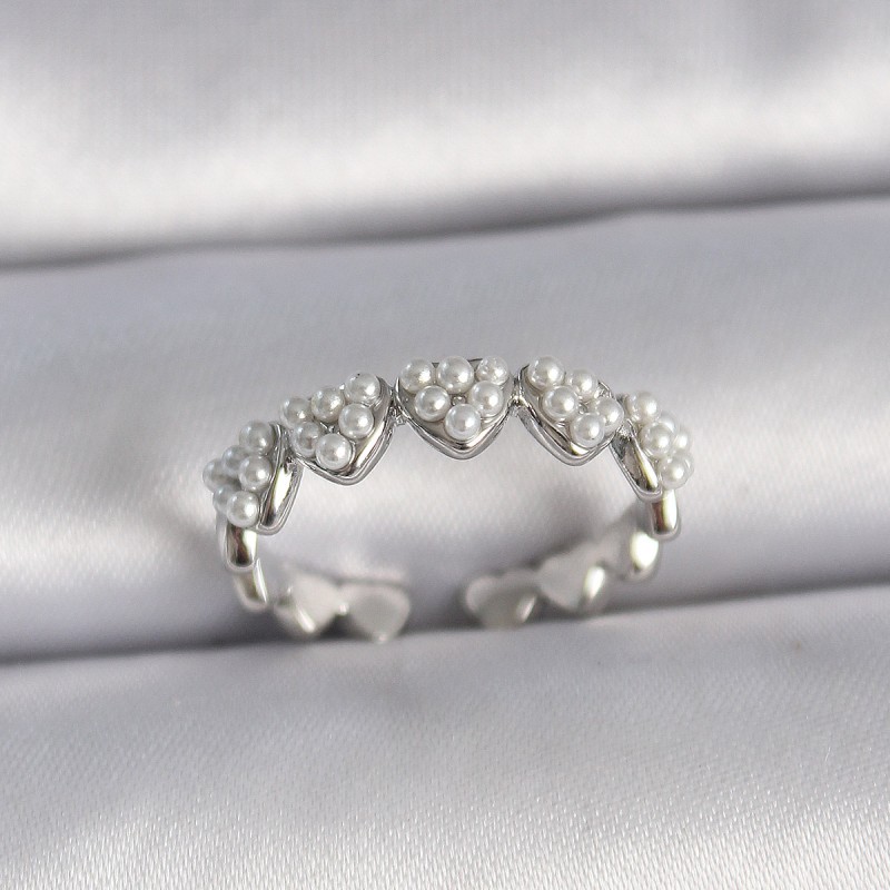 Pirinç Gümüş Renk Ayarlanabilir İncili Kalp Model Kadın Yüzük