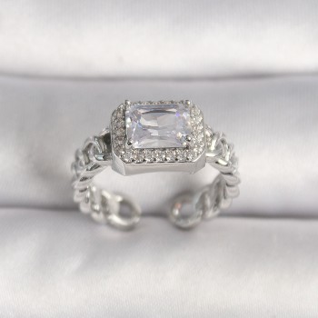 Pirinç Gümüş Renk Ayarlanabilir Zincir Kare Zirkon Taşlı Kadın Yüzük