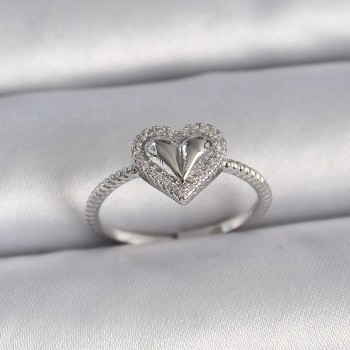 Pirinç Gümüş Renk Ayarlanabilir Zirkon Taşlı Kalp Model Kadın Yüzük