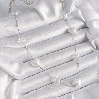 Pirinç Gümüş Renk Beyaz İnci Kalp Model Kadın Kolye