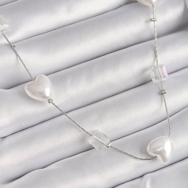 Pirinç Gümüş Renk Beyaz İnci Kalp Model Kadın Kolye