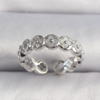 Pirinç Gümüş Renk Beyaz Sedefli Yonca Model Kadın Yüzük