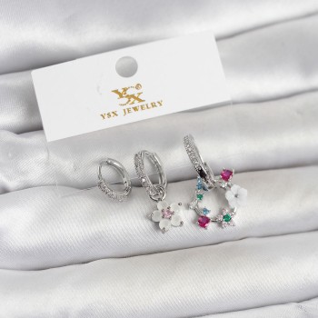 Pirinç Gümüş Renk Çiçek Model 3'lü Kadın Küpe