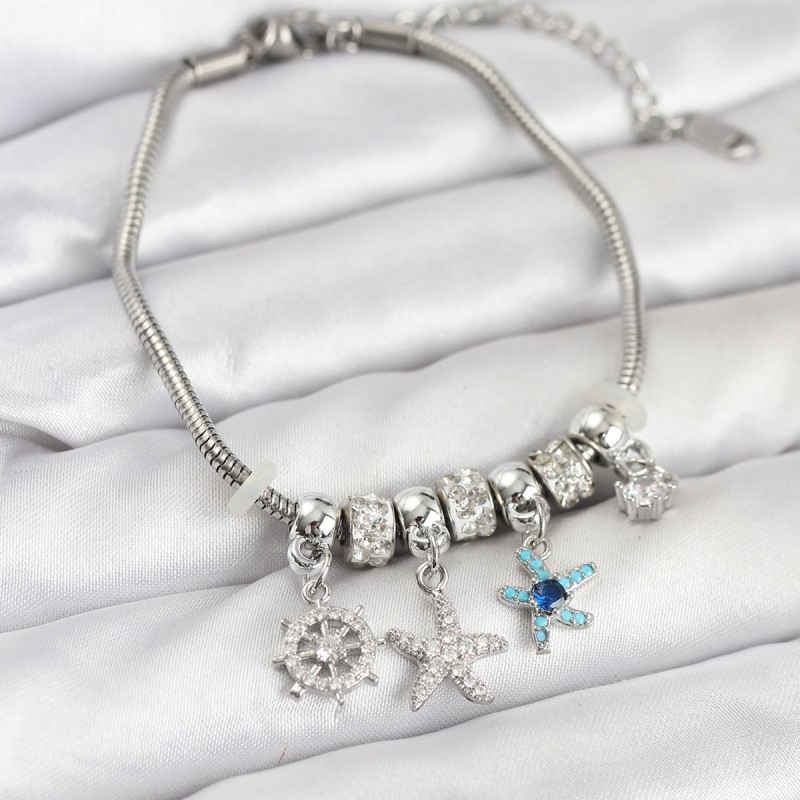 Pirinç Gümüş Renk Deniz Tema Charmlı Kadın Bileklik