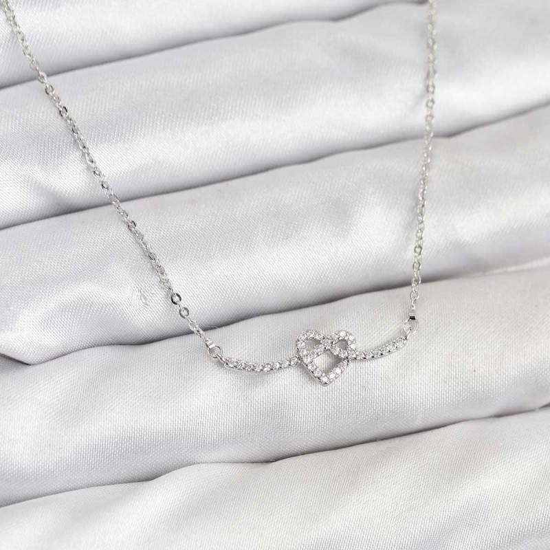 Pirinç Gümüş Renk Düğüm Kalp Model Kadın Kolye