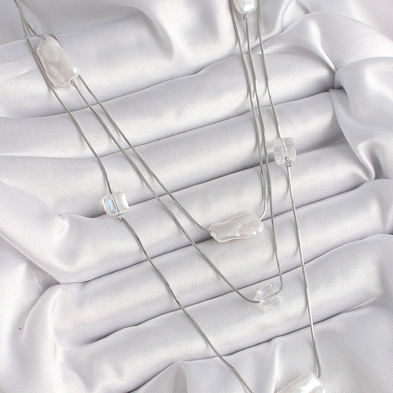 Pirinç Gümüş Renk Ezme İnci Model Çoklu Kadın Kolye