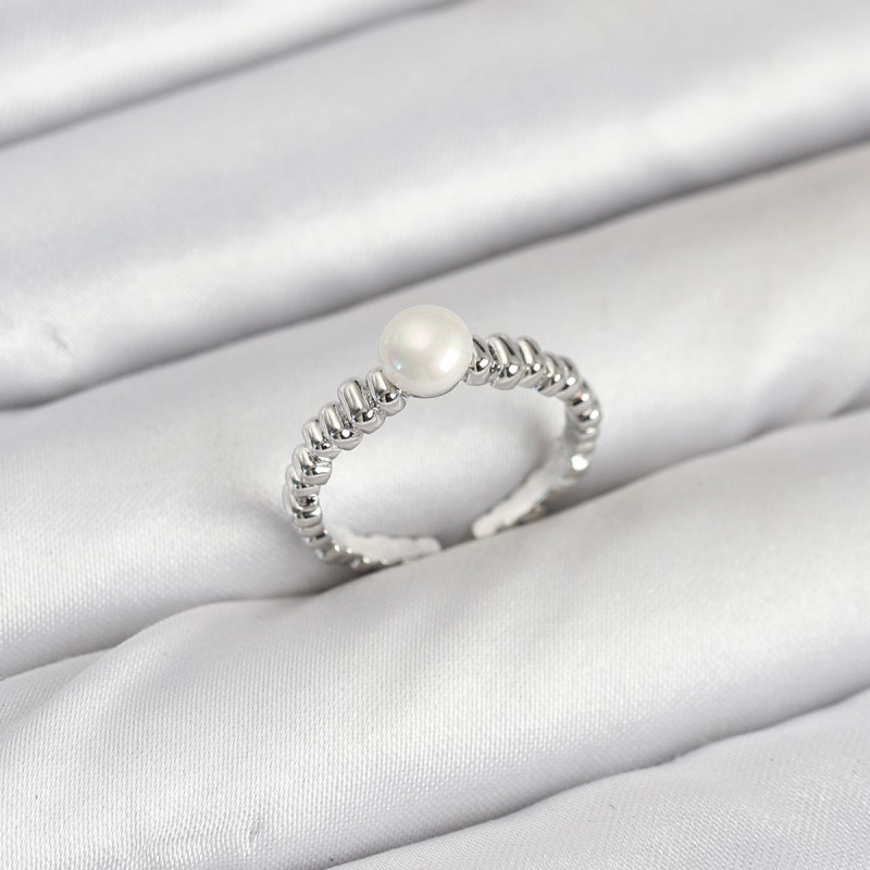 Pirinç Gümüş Renk Göbek İnci Model Kadın Yüzük