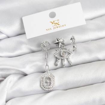 Pirinç Gümüş Renk Göz ve Kutup Yıldızı Model YSX Trio Küpe Seti