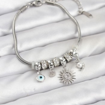 Pirinç Gümüş Renk Güneş Charmlı Kadın Bileklik