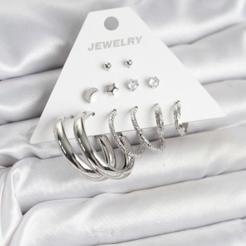 Pirinç Gümüş Renk Halka Modelli 6 Çift Kadın Küpe