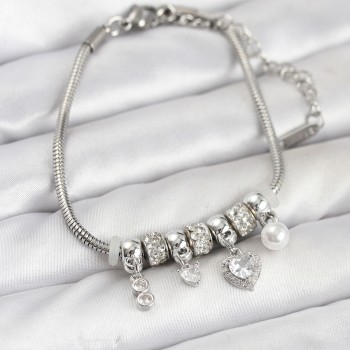 Pirinç Gümüş Renk Kalp Charmlı Kadın Bileklik