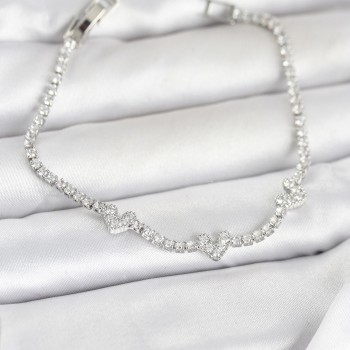 Pirinç Gümüş Renk Kalp Model Zirkon Taşlı Su Yolu Kadın Bileklik