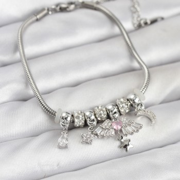 Pirinç Gümüş Renk Kanatlı Charmlı Kadın Bileklik