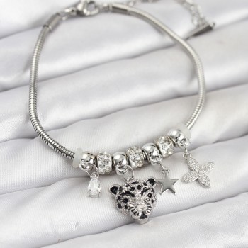 Pirinç Gümüş Renk Kaplan Model Charmlı Kadın Bileklik