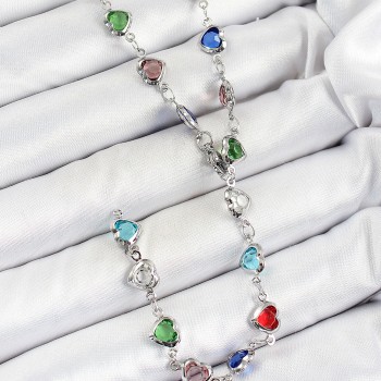 Pirinç Gümüş Renk Karışık Renk Zirkon Taşlı Kalpli Y Kadın Kolye