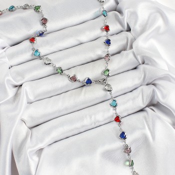 Pirinç Gümüş Renk Karışık Renk Zirkon Taşlı Kalpli Y Kadın Kolye