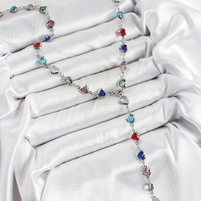 Pirinç Gümüş Renk Karışık Renk Zirkon Taşlı Kalpli Y Kadın Kolye