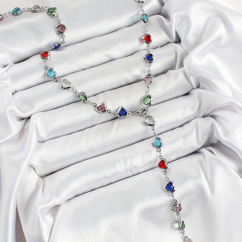 Pirinç Gümüş Renk Karışık Renk Zirkon Taşlı Kalpli Y Kadın Kolye