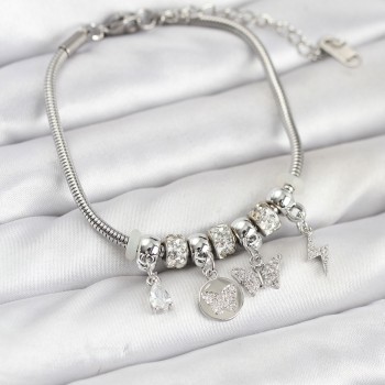 Pirinç Gümüş Renk Kelebek Charmlı Kadın Bileklik