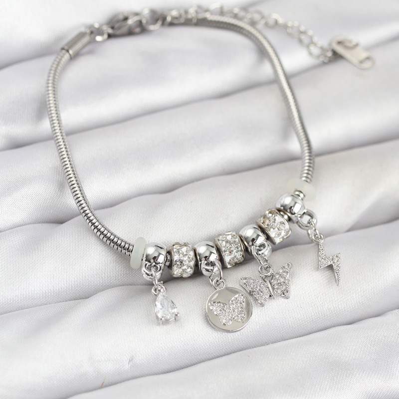 Pirinç Gümüş Renk Kelebek Charmlı Kadın Bileklik