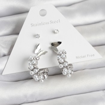 Pirinç Gümüş Renk Kelebek Detaylı Kadın Küpe Seti