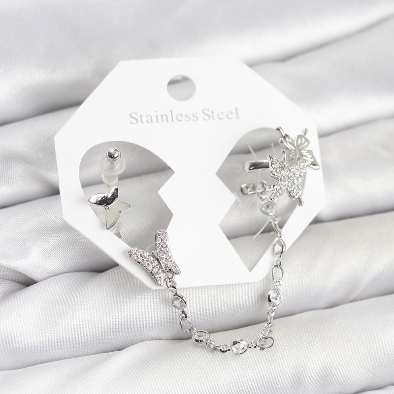 Pirinç Gümüş Renk Kelebek Model Zincir Bağlantılı Ear Cuff Küpe Seti