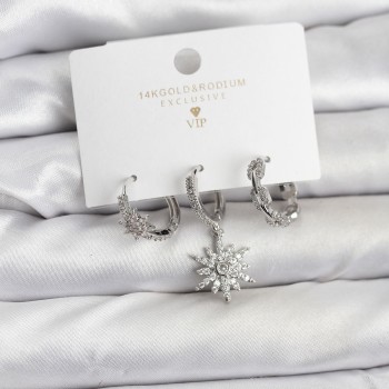 Pirinç Gümüş Renk Kutup Yıldızı Model 3'lü Kadın Küpe Seti