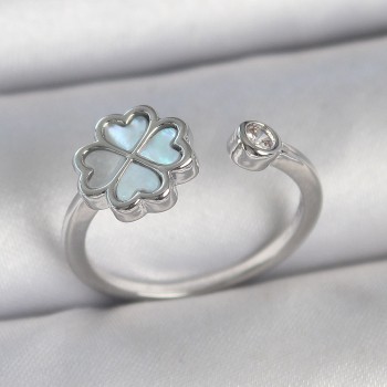 Pirinç Gümüş Renk Mavi Mineli Yonca Model Zirkon Taş Detay Ayarlanabilir Kadın Yüzük