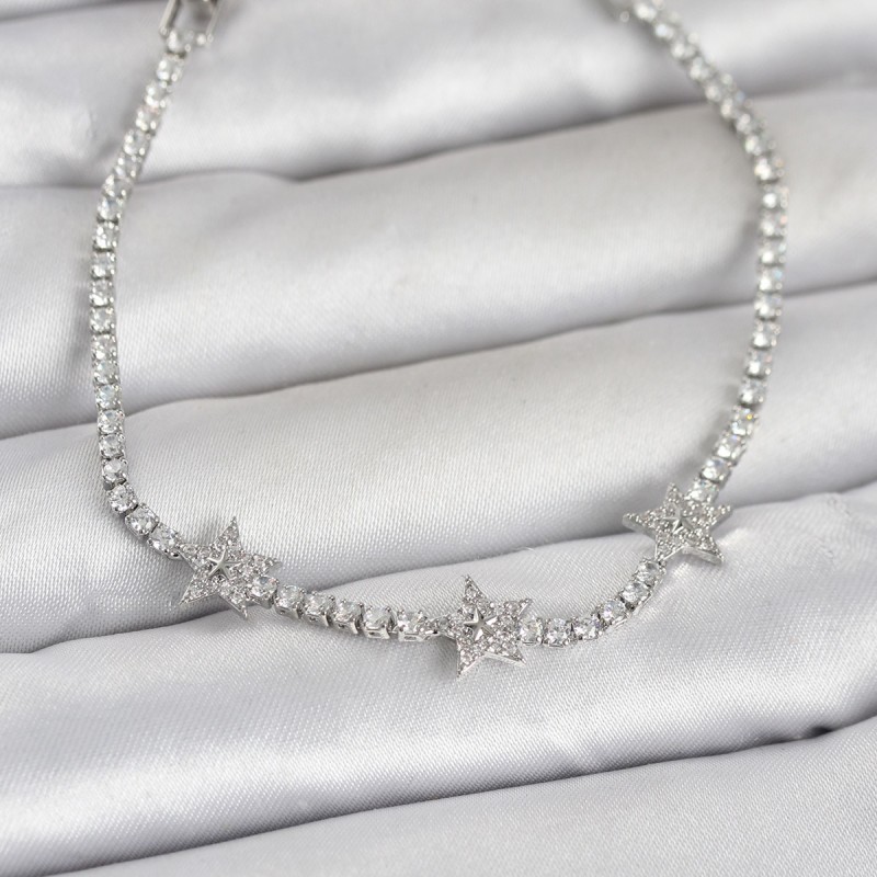 Pirinç Gümüş Renk Minimal Yıldız Model Zirkon Taşlı Su Yolu Kadın Bileklik