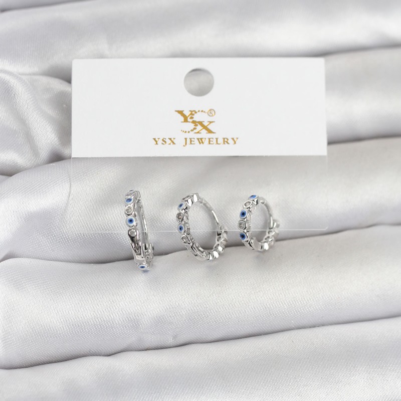 Pirinç Gümüş Renk Nazarlı Model 3'lü Kadın Küpe