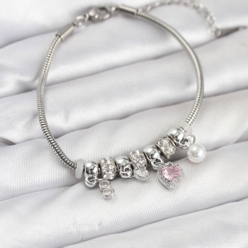 Pirinç Gümüş Renk Pembe Kalp Charmlı Kadın Bileklik