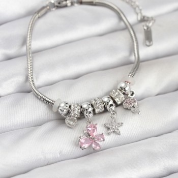 Pirinç Gümüş Renk Pembe Kelebek Charmlı Kadın Bileklik